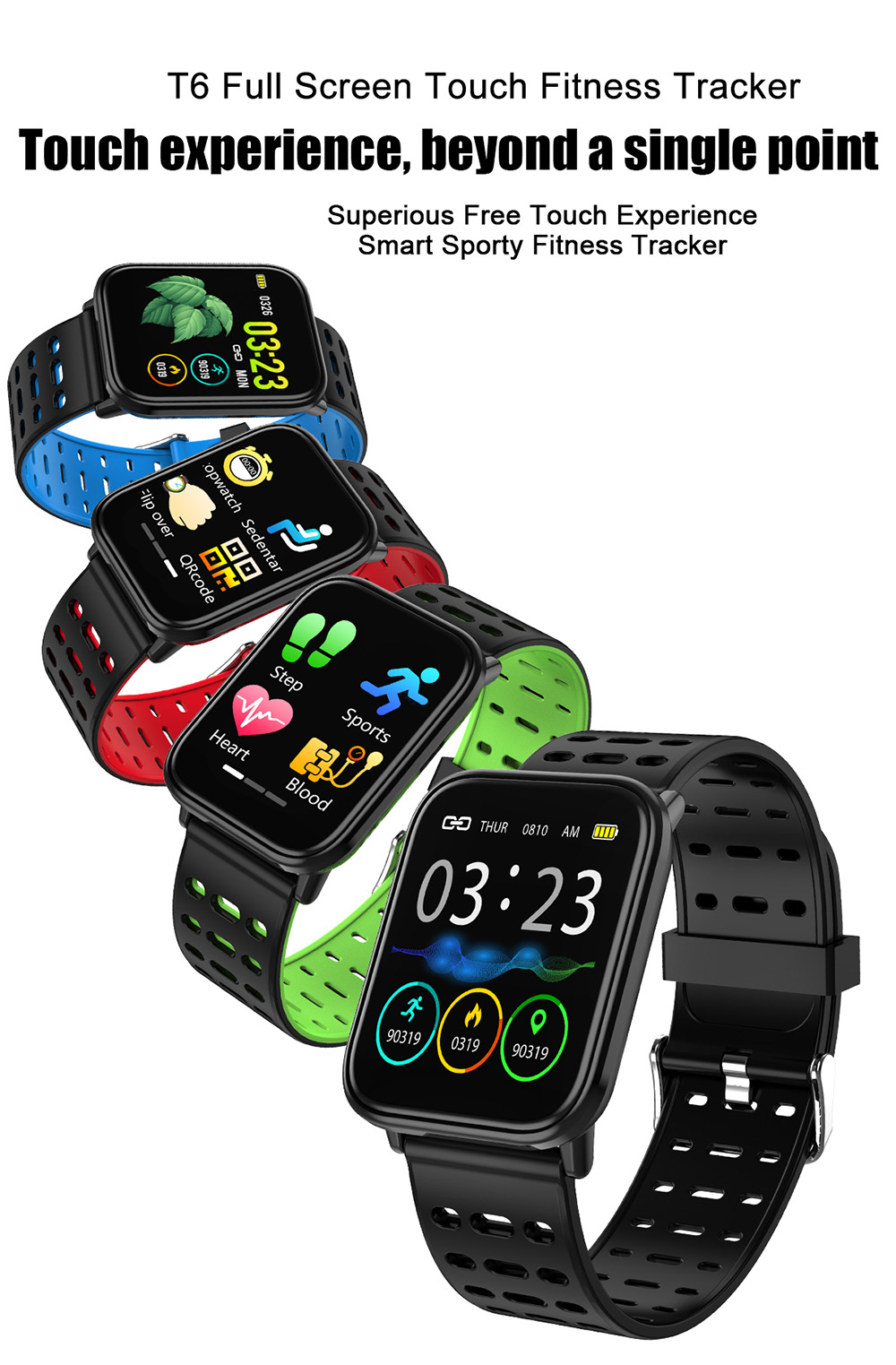 T6 Heart Rate / Blood Pressure / Sleep Monitoring / Multiple Sport Modes / Full Touch Color Screen Smart Bracelet - Black