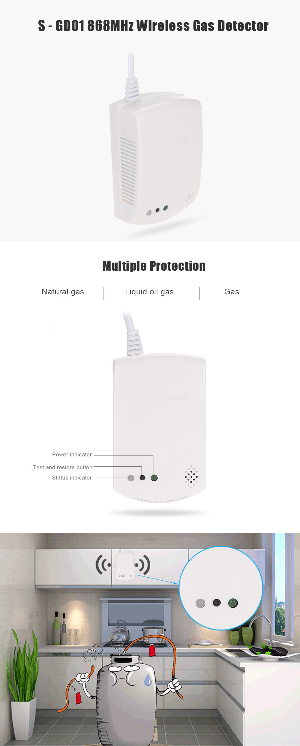 S - GD01 868MHz Wireless Gas Detector Sound and Flash Alarm- White