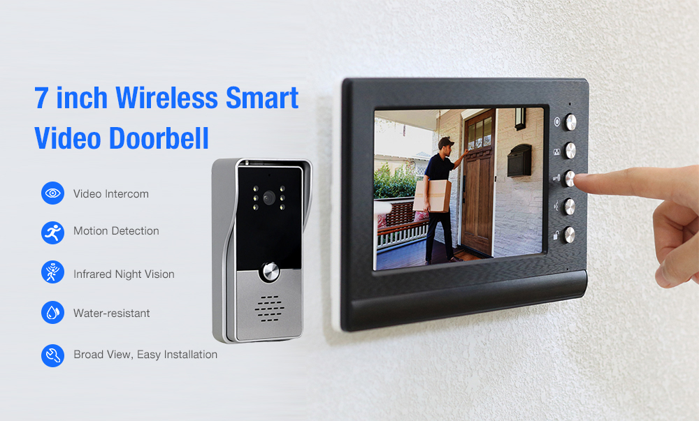 7 inch Wireless Smart Video Doorbell Hand-free Intercom IR Door Phone Camera - Black EU Plug