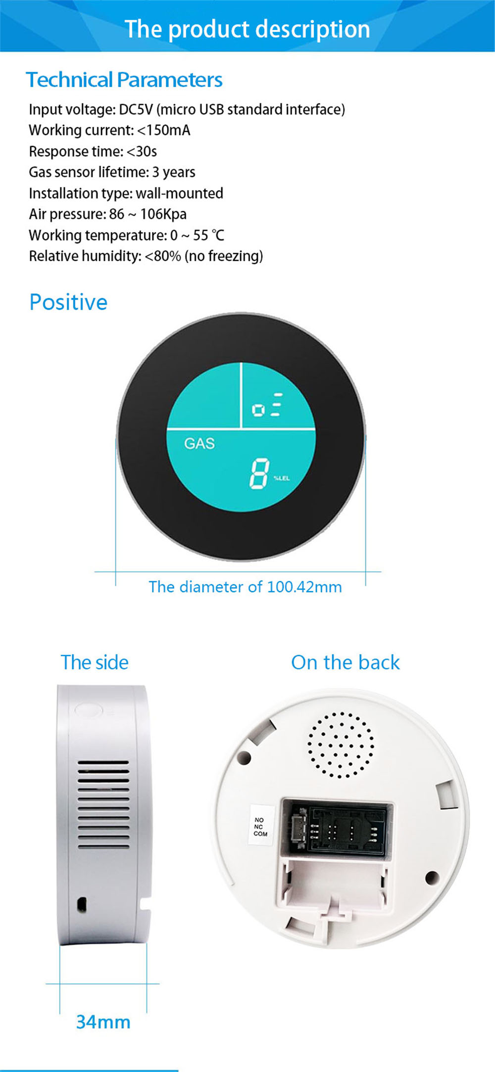 PGST PA-210W Security-Smart APP WIFI Control Combustible Gas Leak Detector LCD Display Household Smart Natural Gas Alarm Sensor - White EU Plug