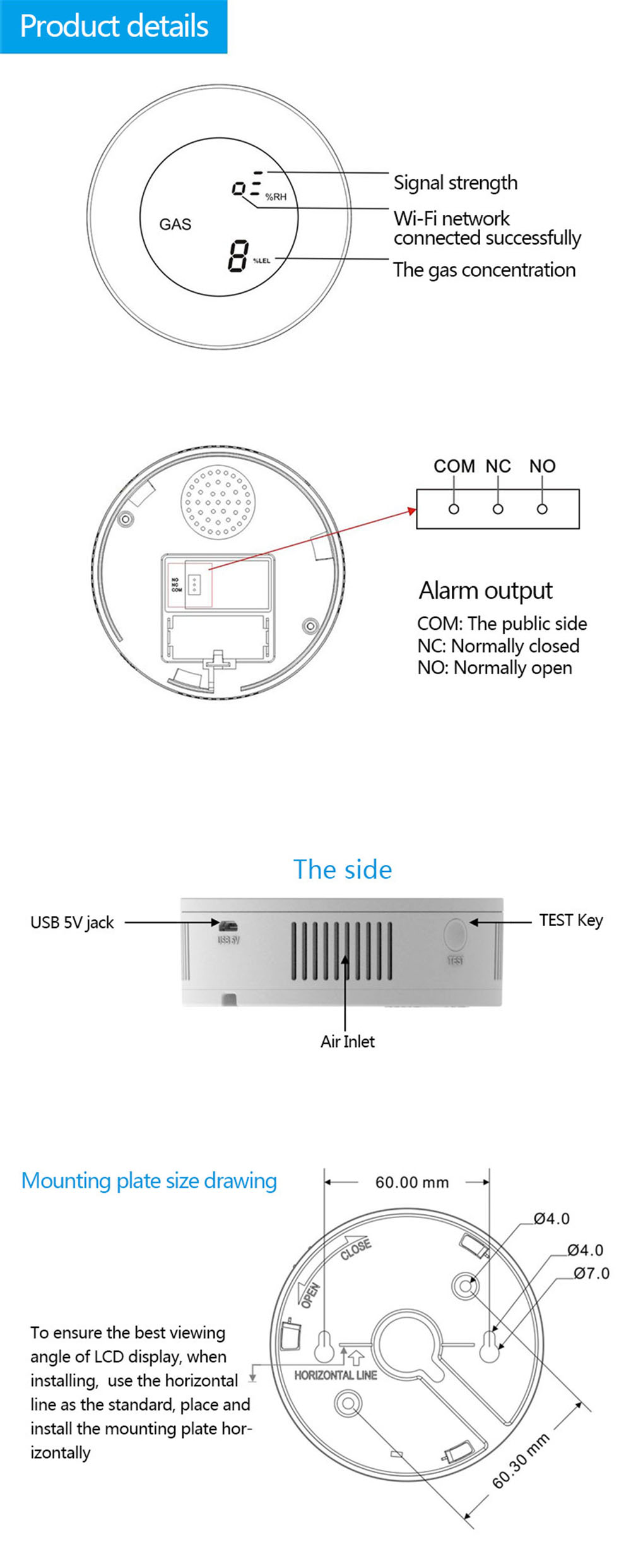 PGST PA-210W Security-Smart APP WIFI Control Combustible Gas Leak Detector LCD Display Household Smart Natural Gas Alarm Sensor - White EU Plug