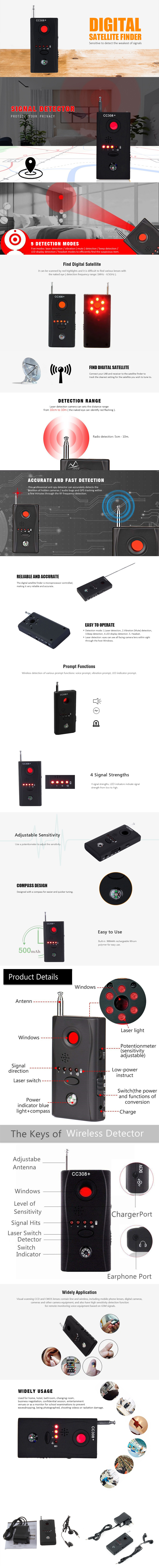 CC308+ Full Range Anti-spy Wireless Camera RF Signal Detector GSM Device Finder - Black US Plug (2-pin)